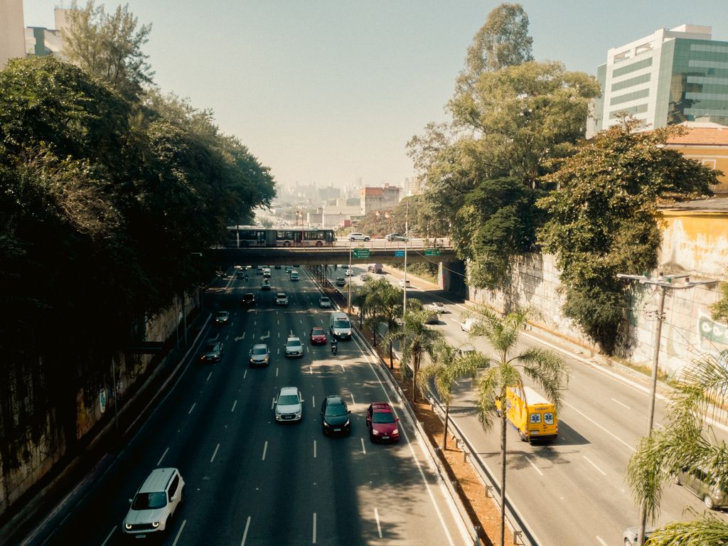 Avenida urbana de várias faixas, com um viaduto ao fundo, carros, ônibus e canteiro com palmeiras