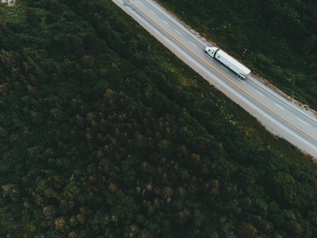 Caminhão de carga numa rodovia que atravessa a mata, visto do alto